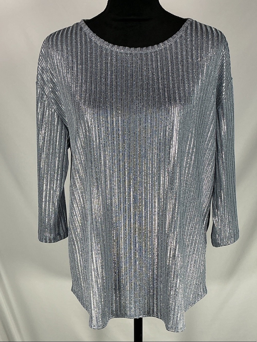 Pure Amici Metallic Silver Shimmer Pleated Rib Tunic Top Blouse Drop Sleeve S